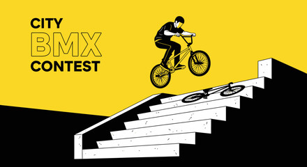 Fototapeta premium City BMX Contest Displaying Stunt Rider On His Bicycle Performing a Jump Over Stairs