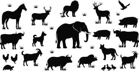 Obraz premium Farm and wildlife animal silhouette collection featuring elephant, lion, deer, horse, pig, goat, buffalo, birds, perfect for nature logos and vector designs