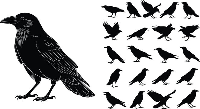 Black raven silhouette set with flying and standing poses, spooky crow bird collection for Halloween design, gothic logo, wildlife vector illustration