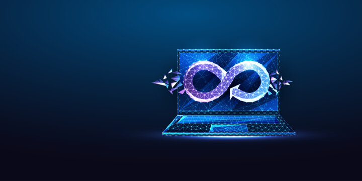 Infinite Loop Laptop. DevOps Automation, Continuous Cycle, Low Poly Blue Vector Illustration