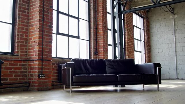 Industrial loft space with a dark leather couch