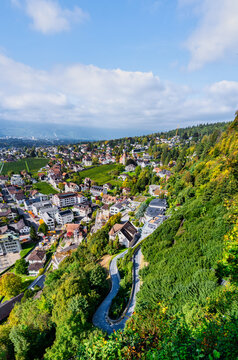 Vertical High Angle View of Vaduz City and Vineyards
