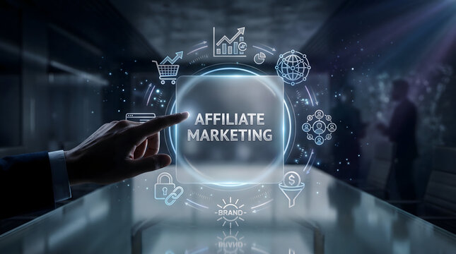 Digital Affiliate Marketing Business Concept with Virtual Icons and Analytics Charts