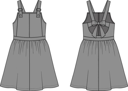 Women's grey pinafore dress technical fashion illustration, front and back flat sketch, bow back, vector template.