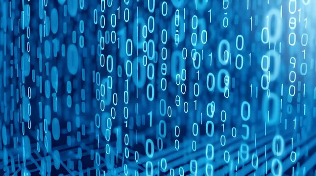 Futuristic binary code flowing through digital circuit board representing modern technology and data processing