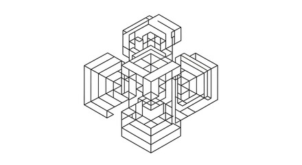 Abstract Isometric Cube Blocks Structure Network, Isolated White Background