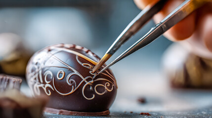 Fototapeta premium Hand decorated chocolate egg with white swirls