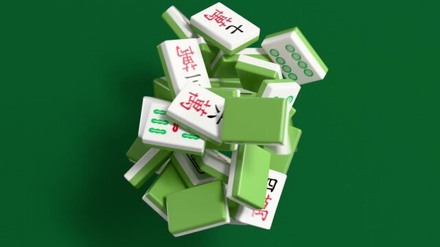 Traditional Chinese board game. The appearance of multiple levitating Mahjong tiles on a green background. Zero gravity effect. Creative 3D animation background.