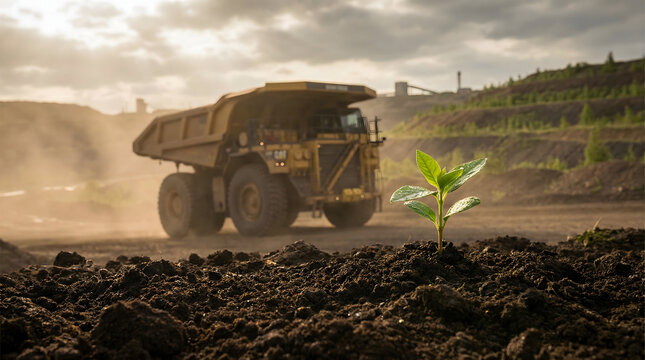 Environmental Sustainability Concept with Green Sprout and Mining Truck