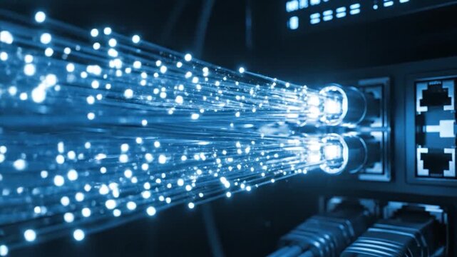Fiber Optic Cables Connecting to a Server Rack for High-Speed Data Transfer.