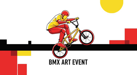 Naklejka premium Dynamic Bmx Rider Performing Stunt On A Yellow Bicycle During An Event