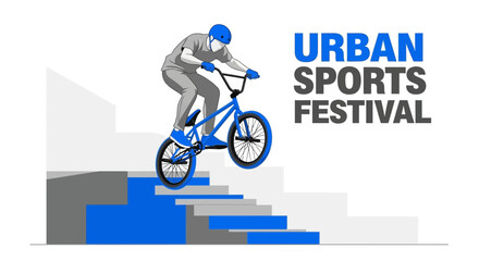Naklejka premium Dynamic Bmx Rider Performing Tricks Down Concrete Stairs Promotional Event Graphic