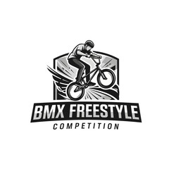 Obraz premium Dynamic BMX Freestyle Competition Emblem Featuring Rider Performing a Stunt in Black and White