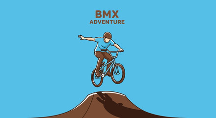 Obraz premium Dynamic Bmx Rider Soars High Above Dirt Jump Extreme Sports Action