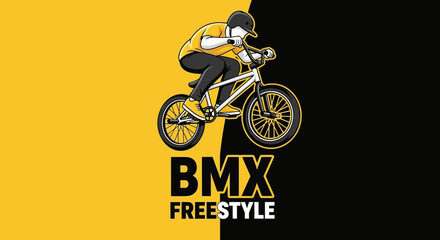 Obraz premium Dynamic Bmx Freestyle Rider Performing A Trick Against Stark Yellow And Black Background