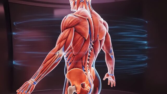 Detailed 3d model male body open muscular system dark background frame demonstrates anatomy musculature torso arms. Concept human biology medical research sports science education health body