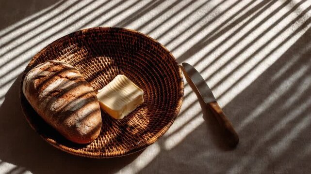 photo of breakfast flatlay with bread, coffee, and eggs on linen cloth, neutral warm palette