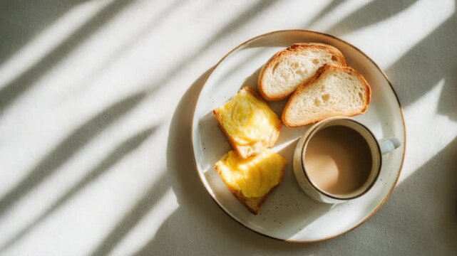photo of breakfast flatlay with bread, coffee, and eggs on linen cloth, neutral warm palette