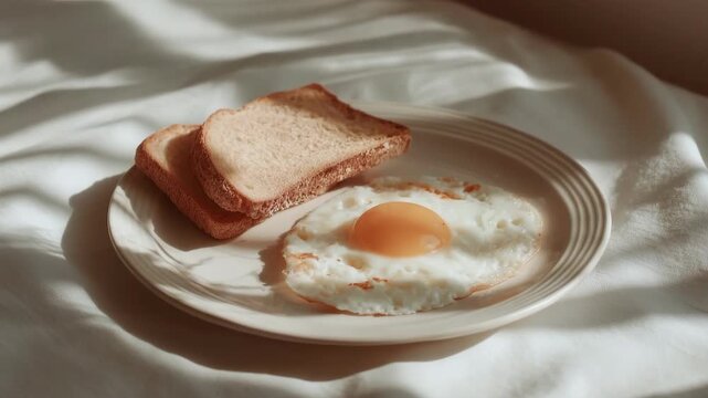 photo of breakfast flatlay with bread, coffee, and eggs on linen cloth, neutral warm palette