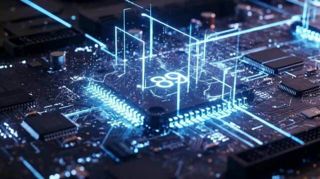 A detailed view of a circuit board with an 89 mark illuminated by blue light emphasizing intricate patterns
