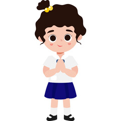 Obraz premium thai students in school uniform greeting sawasdee, cute cartoon element illustration