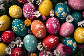 Fototapeta premium Colorful easter eggs with flower patterns arranged in grass during spring festival celebrations