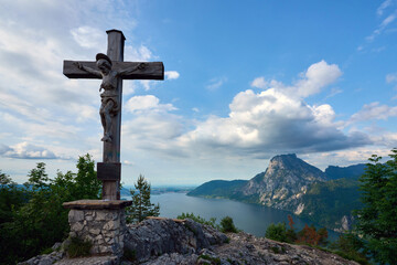 Summit cross on Mount Kleiner Sonnstein in the Salzkammergut region, Austria.