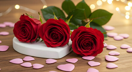 Three Red Roses Resting on Heart Shaped Base with Pink Hearts