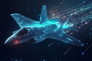 Digital fighter jet flies through space with glowing data particles in a dark background