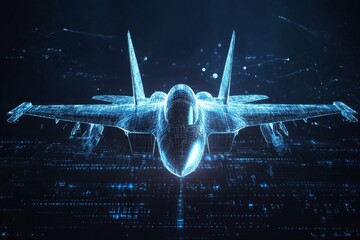 Digital fighter jet aircraft with glowing data particles flying in a dark virtual space during a nighttime operation