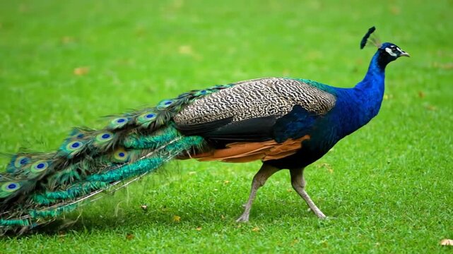 A vibrant peacock struts across a field of green grass with its train trailing behind
