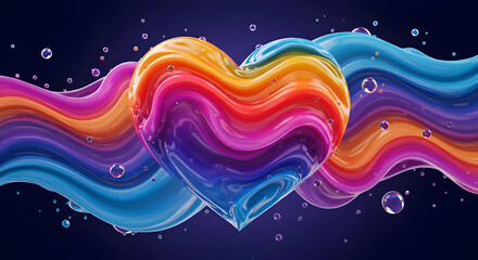 Vibrant Rainbow Heart with Flowing Waves and Floating Bubbles on Dark Background