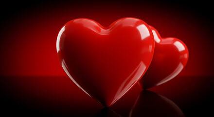 Two Glossy Red Hearts on Dark Background Romantic Valentine's Day Image