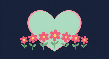 Pastel Pink Heart Frame with Row of Pink Flowers on Dark Blue Background