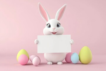 Obraz premium Easter bunny holding a sign for announcements with colorful eggs on pink background in a bright setting during spring