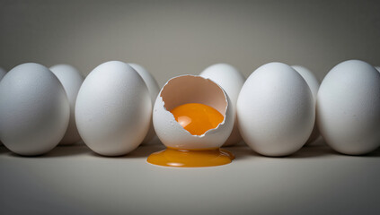 白い卵の列と黄色い卵黄の割れ卵、清潔感のある料理イメージに使いやすい.生成AI