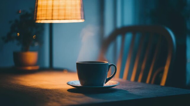 photo of close-up coffee cup and sliced bread on wooden table, warm tone and calm light