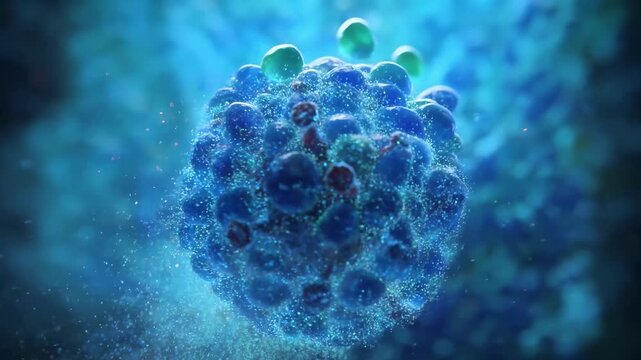 Cinematic 3D animation of immune system cells fighting and neutralizing a virus, medical visualization of antibodies attacking a pathogen for health protection and recovery