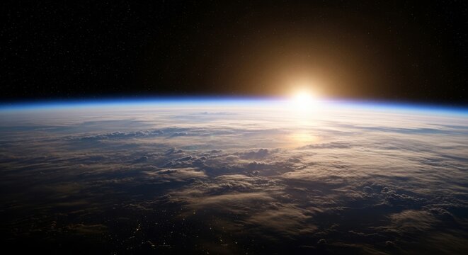 Stunning Sunrise Over Earth from Space with Horizon and Clouds.
