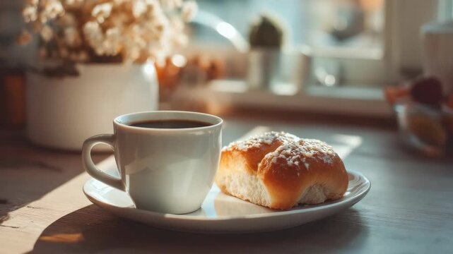 photo of close-up coffee cup and sliced bread on wooden table, warm tone and calm light
