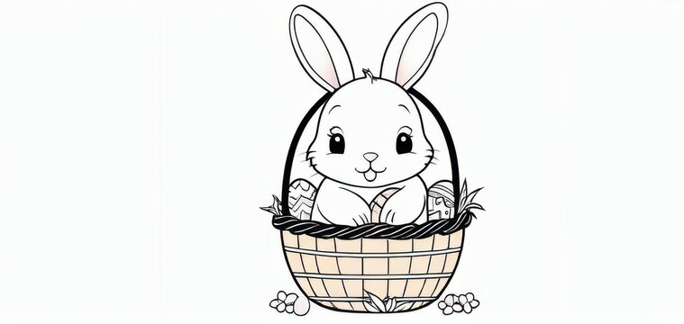 easter bunny in basket with eggs, white background, empty space for text, concept of holiday, spring, celebration