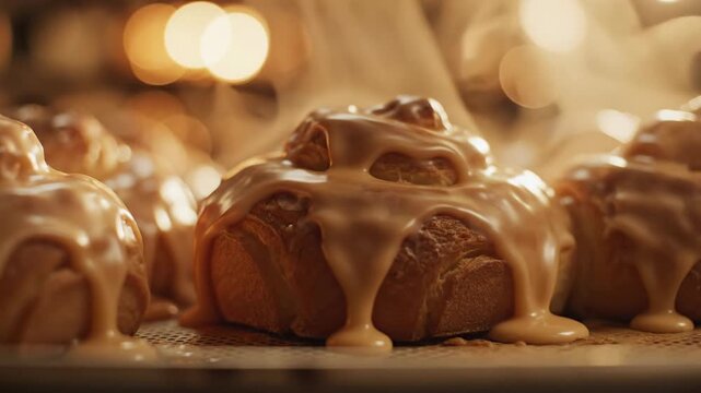 Warm, Shiny Glazed Sweet Rolls Resting on a Baking Sheet with Soft Bokeh Background