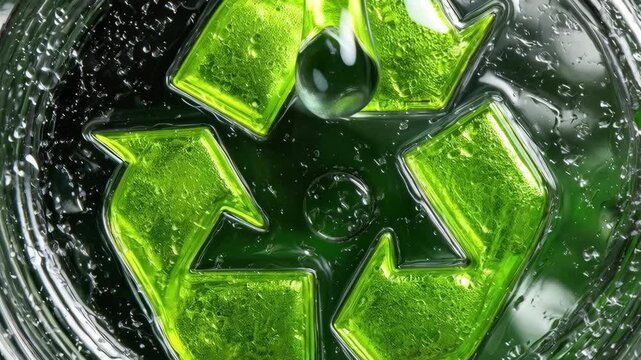 Macro close-up of recycling symbol on plastic bottle bottom with water drop dripping against green nature background