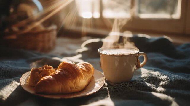 photo of bread basket, coffee cup and sunlight reflection on white tablecloth, calm warm tone