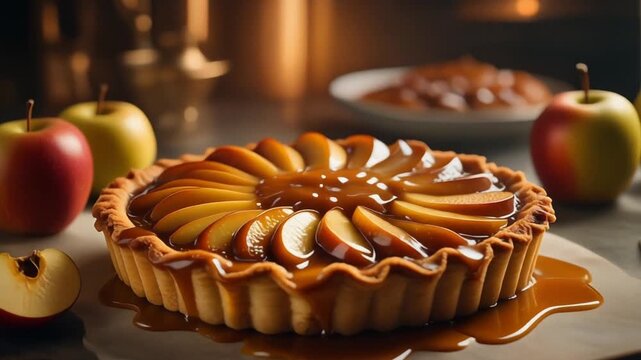 Delicious apple tart with caramel sauce sits on a wooden board, surrounded by fresh apples.