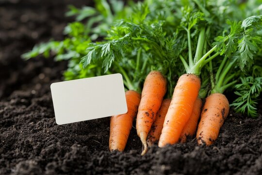 Fresh carrots growing in soil with a blank label tag in a garden setting during daylight hours