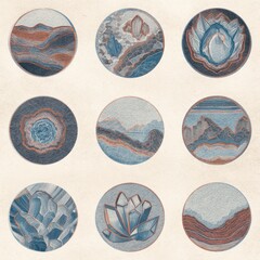 Nine circular illustrations, featuring geological patterns and landscapes, in muted blues and reddish-browns