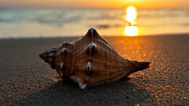 Shell by the Shore: A single, intricate seashell rests delicately on the sandy shore, bathed in the warm, golden light of a setting sun. The waves gently caress the shoreline in the background.