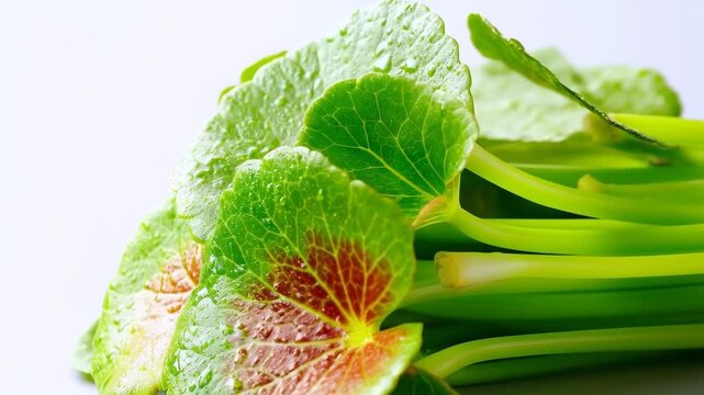 Fresh Centella Asiatica: Centella asiatica leaves, with their vibrant green color, display intricate vein patterns, reflecting nature's delicate artistry. a close-up that shows freshness.