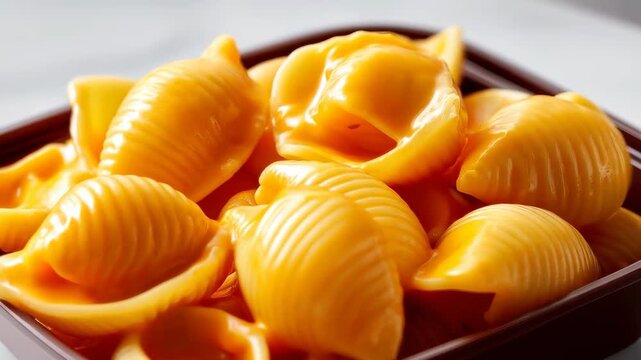 Golden Shells of Delight: A tantalizing close-up showcases a heap of golden pasta shells, generously coated in a creamy cheese sauce, an ode to the comforting world of culinary joy.